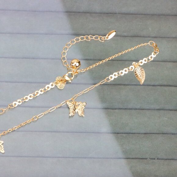 "Rose Gold Anklet with Butterfly & Leaf Charms, XPAL1169 - Picture 7 of 12